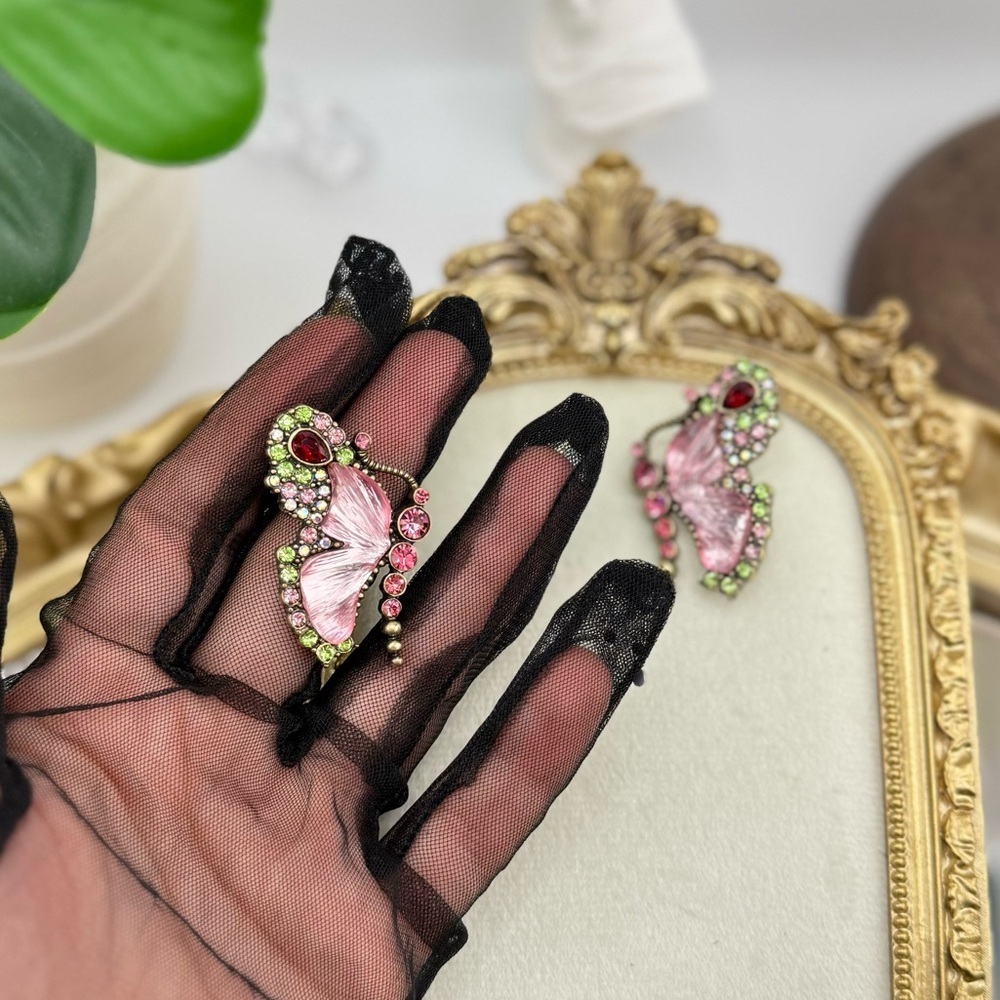 Vintage Butterfly Statement Earrings - Pink, Green & Red Crystal Accents - Picture 7 of 8